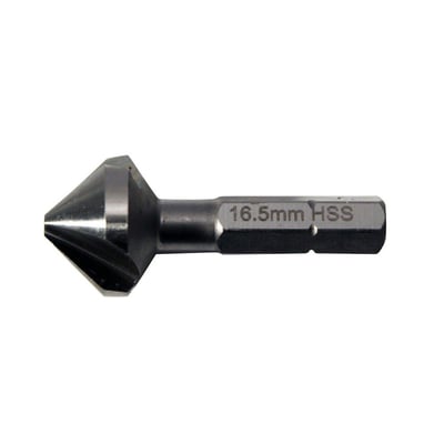 Ironside spidsforsænker i HSS med 90° skær og 1/4-tommers sekskantskaft, vist fra siden.