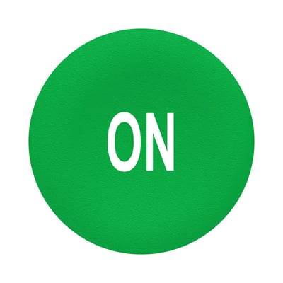 Schneider Electric grøn trykflade med hvidt ON-symbol, designet til Ø30 mm flush trykknaphoveder.