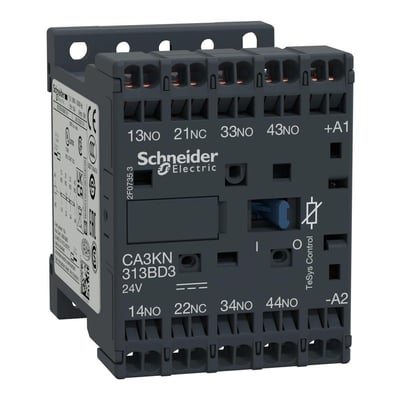 Schneider Electric TeSys K kontrolrelæ med 3NO+1NC kontakter og 24V DC spole, vist med mærkning og tilslutningsklemmer.
