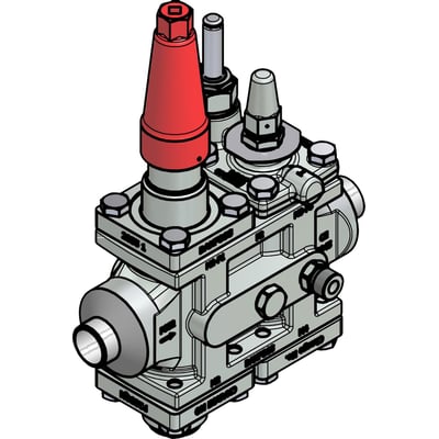 Danfoss Ventilstation ICF 25-4-8, en teknisk illustration i gråtoner med rød og grå betjeningshætte på hvid baggrund.