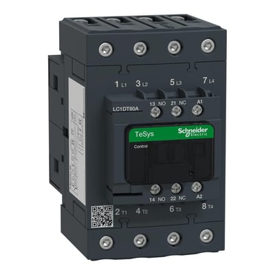 Schneider Electric TeSys D kontaktor, 4-polet 80A med 110V AC spole og 1NO+1NC kontakter, vist forfra.