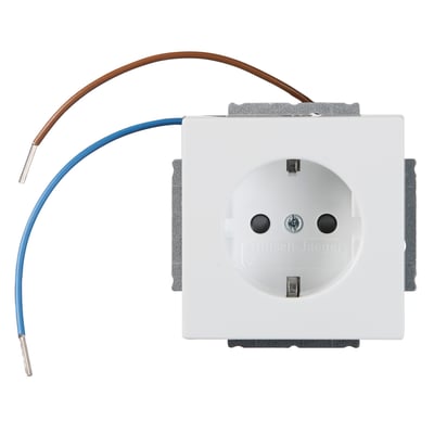 ABB enkelt Schuko stikkontakt med LED-lys i hvid, vist med tilslutningsledninger for nem installation.