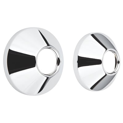 To skinnende kromfarvede Grohe rosetter til blandingsbatterier, vist på hvid baggrund.