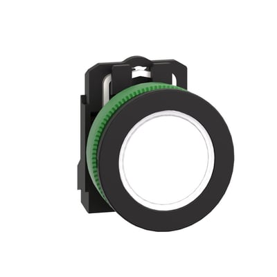 Nærbillede af Schneider Electric signallampe til planmontering, viser den hvide LED-linse og den sorte ramme med grønt bagmonteringssystem.