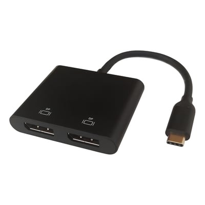 Sort Deltaco USB-C MST hub med to DisplayPort-udgange og en USB-C-stik, klar til tilslutning.