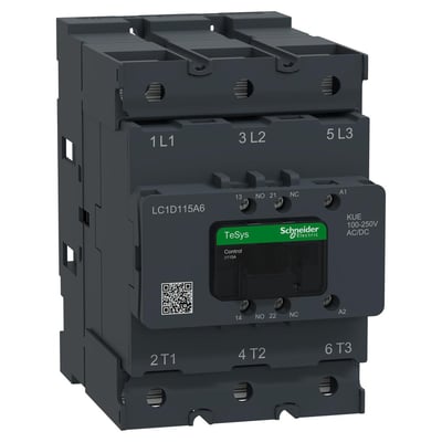 Schneider Electric TeSys Deca Advanced kontaktor 3-polet med 100-250V AC/DC spole og integrerede 1NO+1NC hjælpekontakter.