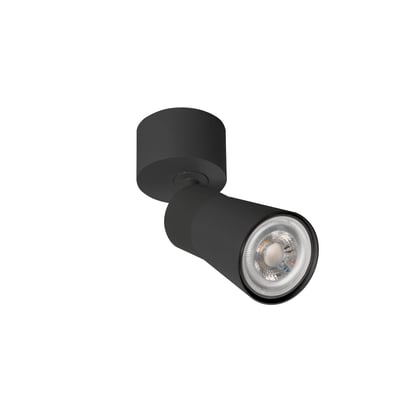Nærbillede af SLV PURI CW loftlampen i sort med tændt GU10 pære og synlige detaljer på lampehovedet.