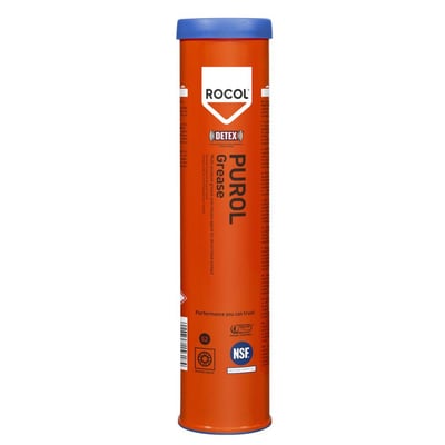 Bagside af Rocol Purol Grease tube, der viser produktinformation, NSF-certificering og anvendelsesområder.