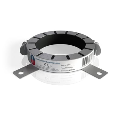 FireFree 320 brandbøsning med diameter på 90 mm, vist som en grå ring med monteringsflige.