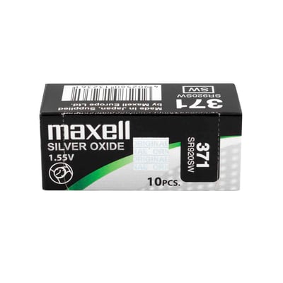 Maxell Silver Oxide 1.55V SR920SW (371) batterier i en 10-pak, vist forfra med tydelig branding og specifikationer.