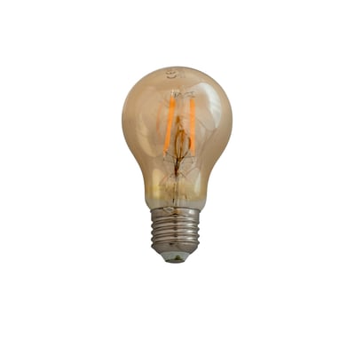 Dyberg Larsen LED Standard Amber D60 pære med E27 fatning og synlige filamenter, der udsender et varmt, gyldent lys.