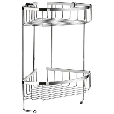 Smedbo dobbelt hjørnebrusekurv i blank krom, fremstillet af massiv messing med to praktiske kroge til ophæng.