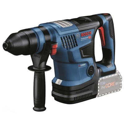 Nærbillede af Bosch GBH 18V-34 C Professional akku borehammer med ProCORE18V batteri, der viser 'Turbo' og 'Brushless' teknologi.