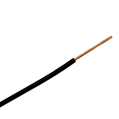 Sort Nexans H07V2-K PVT90 1x1,5 mm koblingsledning med udfriset kobberleder på hvid baggrund.