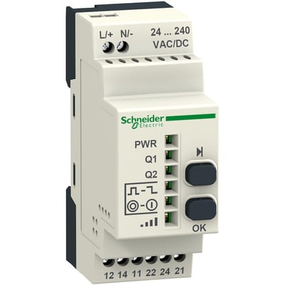 Detaljeret billede af Schneider Electric Harmony ZBRRA trådløs trykmodtager i lys beige, der viser status-LEDs, betjeningsknapper og DIN-skinne montering.