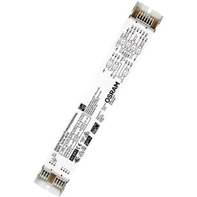 Nærbillede af Osram QTP5 HF-forkobling til T5 lysstofrør, der viser mærker og tekniske specifikationer for 3/4x14W drift.