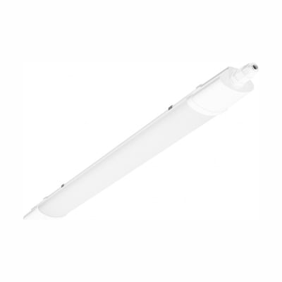 Hvidt SpectrumLED LED-armatur på 60 cm med 18 W, 2160 lm, 4000 K og IP65, vist skråt med endestykke.