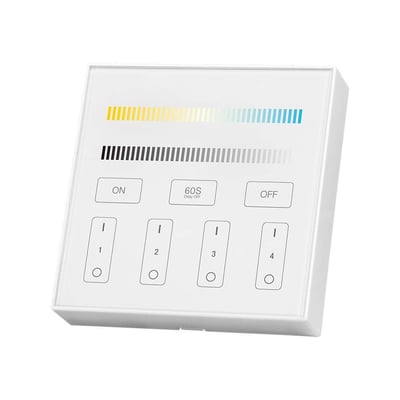 V-TAC VT-2439 4-zonet WiFi-controller med touch-knapper og lysstyrkeindikator på hvid baggrund.