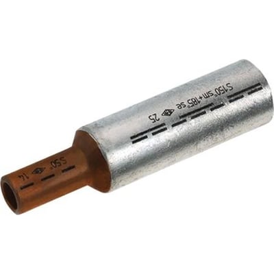 Elpress DIN AL/CU-pressemuffe med mærkning 'AL 70RM-95SE K18' og 'Cu50 K14' for elektriske ledningssamlinger.