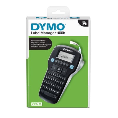 DYMO LabelManager 160 håndholdt labelprinter med QWERTY-tastatur ses på forsiden af den grønne produktemballage.
