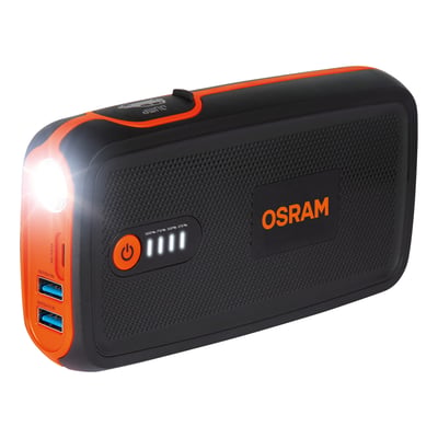 Osram BATTERYstart 300 jumpstarter med powerbank, 13.000 mAh, sort med orange detaljer og tændt lygte.