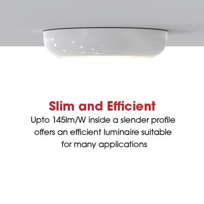 Ansell Lighting Disco Evo 1 plafond i hvid, vist monteret på et hvidt loft med tekst der fremhæver effektivitet.