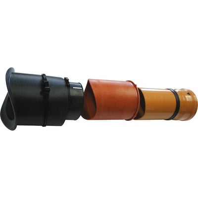 Uni-Seals Alnino Connect AC2002 påboringssæt til 160 mm rør, vist med en sort gummimanche og et orange adapterstykke til rør.