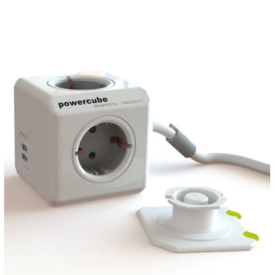 PowerCube extended med 4 udtag og dobbelt USB i hvid plast, medfølgende monteringsfod og hvidt kabel.
