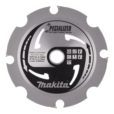 Makita HM rundsavklinge på 165mm diameter, 20mm centerhul og 4 diamantbelagte tænder til fibercement.