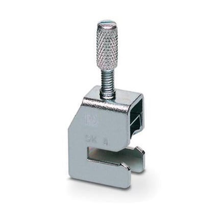 Nærbillede af Phoenix Contact SK 8 skærmklemme, viser den justerbare skrue og klemmeanordning.