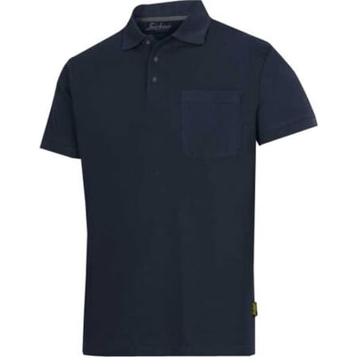 Snickers Workwear poloshirt 2708 i navy, viste sig fra venstre side med en diskret logo-etikette på siden.