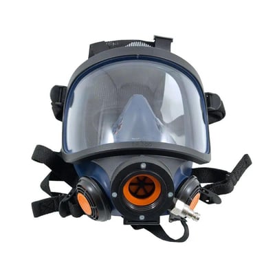 Sundström Safety SR-200 Airline helmaske i blå og sort med stort klart visir og orange detaljer, set forfra.