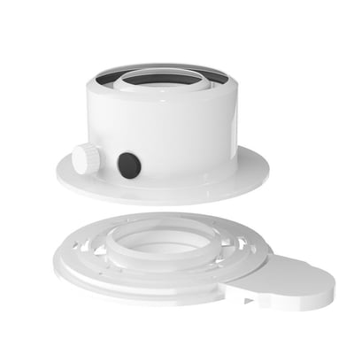 Bosch AZB 1388 aftræksadapter i hvid plast, vist i to dele med forskellige monteringsmuligheder.