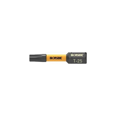 Tegning af Ironside kraftbit Torx T25 på 32 mm set fra siden med gul midte, sorte ender og T-25-mærkning.