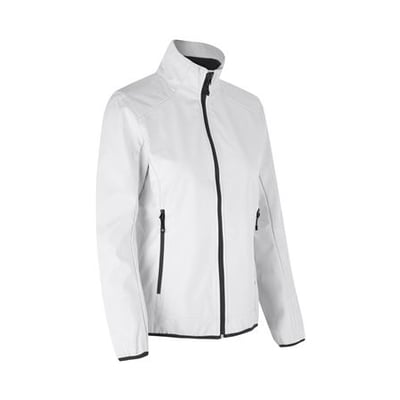 ID Identity softshell jakke til damer i hvid, størrelse 2XL, vist fra siden med lynlås og sorte detaljer.