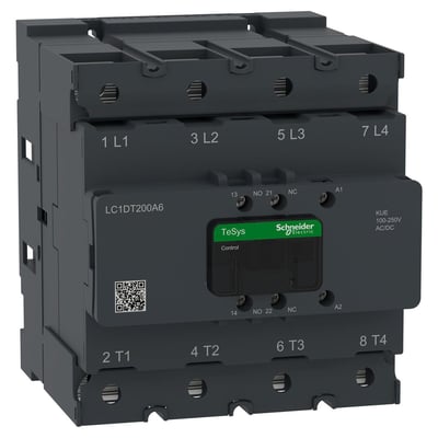 Schneider Electric TeSys Deca Advanced 4-polet kontaktor, 200A, med 100-250V AC/DC spole og 1NO+1NC hjælpekontakter, vist med tydelige mærkninger.