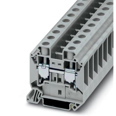 Detaljebillede af Phoenix Contact UT 16 gennemgangsklemme, der viser monteringsdetaljer og skruetermineringer for 16mm² ledere.