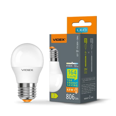 Videx LED-kronepære G45 med E27-fatning og neutralhvidt lys, vist sammen med emballagen.