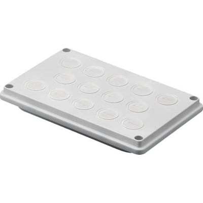Rittal kabelindføringsflange SV i hvid plast med 15 prægede cirkler til kabelgennemføring, set fra et skråt perspektiv.