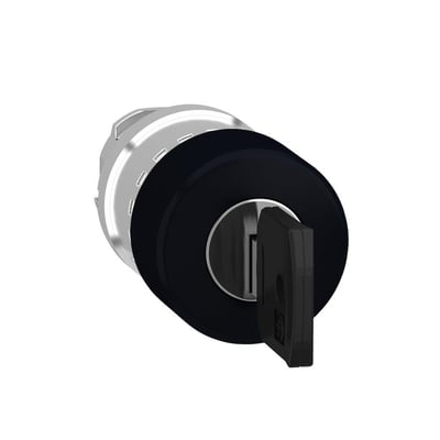 Schneider Electric Harmony XB4 sort trykhoved med nøgle, 30 mm diameter, med svampeformet trykknap og lås.