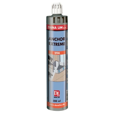 Dana Lim Anchor Extreme 294 forankringsmasse i grå patron på 300 ml med hvid dyse og produktetiket.