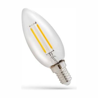 SpectrumLED LED-kertepære C35 på 1 W med klart glas og synlige gule kultråde, vist skråt med E14-fatningen fremme.