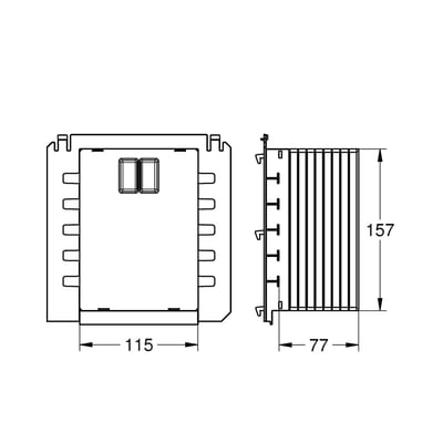 Teknisk tegning af Grohe inspektionsskaft til små trykplader, med dimensioner 115x157x77mm.