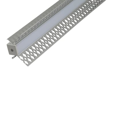 Detalje af Ansell Lighting indvendig hjørneprofil i aluminium, viser monteringsflige og præcis pasform til hjørner.