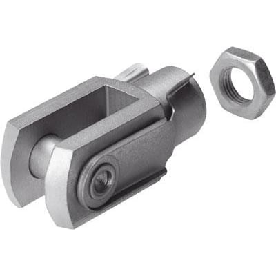 Festo Gaffelhoved SG-M12 i metal med M12 indvendigt gevind og en sekskantmøtrik ved siden af.