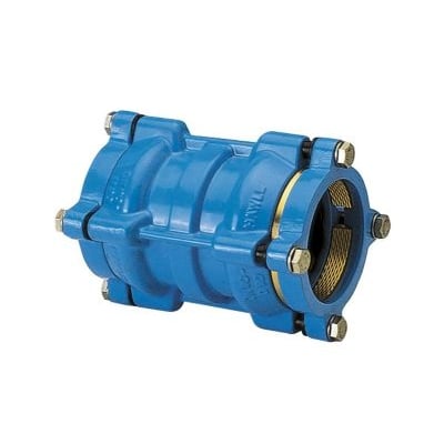 Hawle kobling 250 mm i blå støbejern med messingdetaljer og bolte, PN16, ideel til PE- og PVC-rør på hvid baggrund.