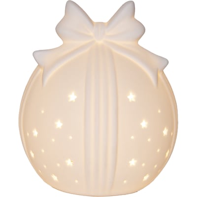 Lukket billede af Star Trading Rozy keramisk deko kugle, designet som en gave med sløjfe og udskårne stjerner.