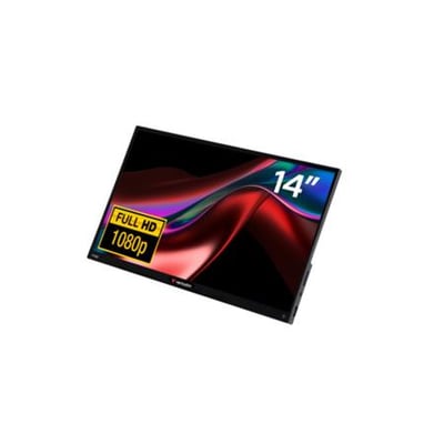 Verbatim bærbar 14" FHD touchskærm i sort, med Full HD 1080p opløsning og IPS panel, på hvid baggrund.