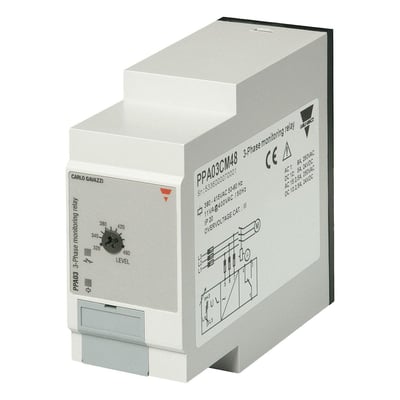 Carlo Gavazzi justerbart overvågningsrelæ til fasefølge, fasebrud og underspænding, set skråt forfra med diagram på siden.