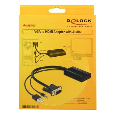 Retailæsken til Delock VGA-til-HDMI-adapteren med lyd viser adapteren, kablerne og et diagram over tilslutningen.